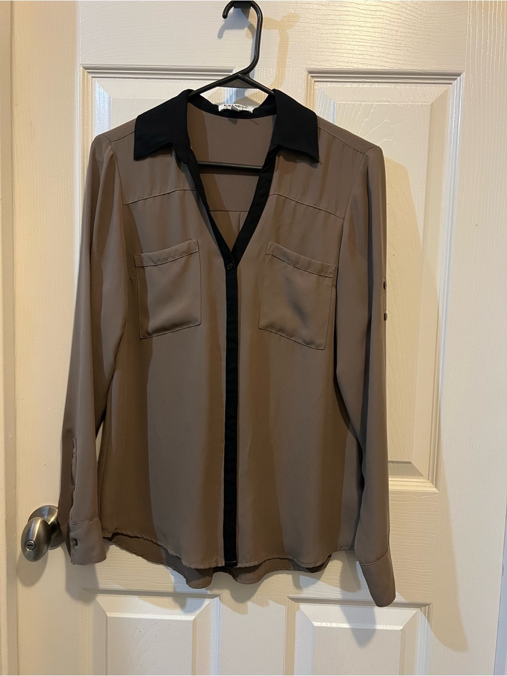 Express Taupe Button-Down Blouse with Black Trim